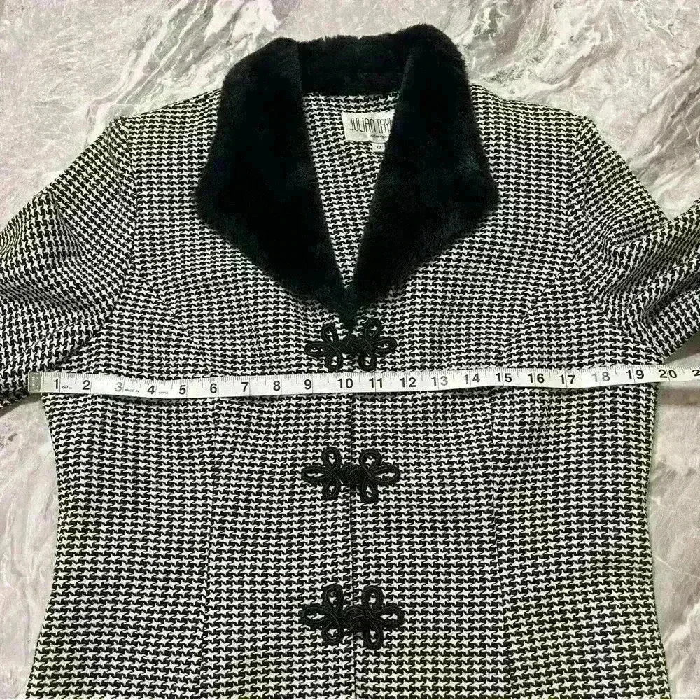 Julian Taylor Vintage Houndstooth Blazer With Faux Fur Collar Size 12 90s Black - Picture 6 of 14